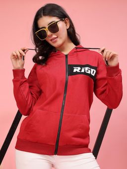 RIGO - Women Maroon Fleece Printed Hooded Jacket