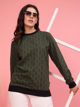 RIGO - Women Olive Fleece Printed Oversized Sweatshirt