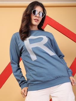 RIGO - Women Light Blue Fleece Printed Oversized Sweatshirt