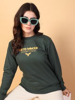 RIGO - Women Bottle Green Fleece Printed Oversized Sweatshirt