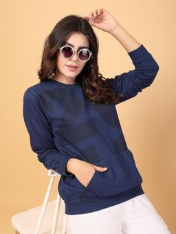 RIGO - Women Ink Blue Fleece Printed Oversized Sweatshirt