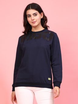 RIGO - Women Navy Blue Fleece Printed Oversized Sweatshirt
