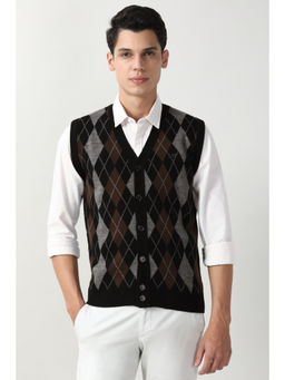 Peter England - Men Black Print V Neck Sweater