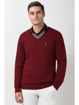 Peter England - Men Maroon Textured V Neck Sweater