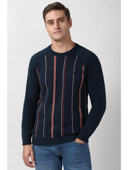 Peter England - Men Navy Stripe Crew Neck Sweater