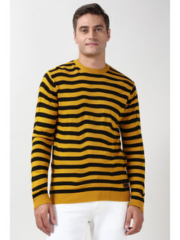 Peter England - Men Yellow Stripe Crew Neck Sweater