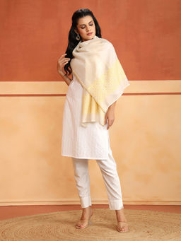 Fabindia - White-Yellow Cotton Silk Chikankari Stole