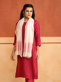 Fabindia - White-Pink Cotton Silk Chikankari Stole