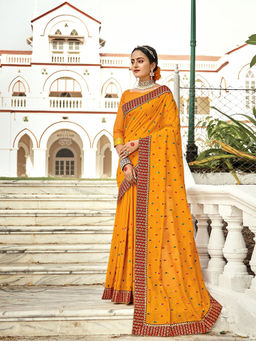 Odette - Mustard Vichitra Embroidered Saree with Unstitched Blouse