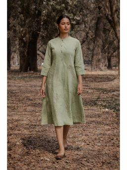 EARTHWEAR - Hand Embroidered Cotton Green Midi Dress