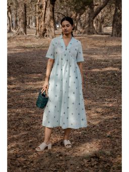 EARTHWEAR - Cotton Woven Buti A-Line Blue Midi Dress