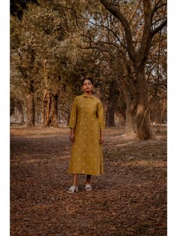 EARTHWEAR - Cotton Front Open Shirt Mustard Midi Dress