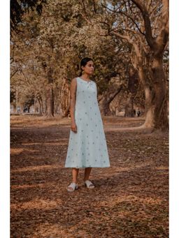 EARTHWEAR - Cotton Sleeveless A-Line Blue Midi Dress