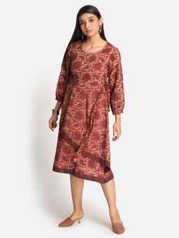 EARTHWEAR - Ajrakh Hand Block Printed Cotton Flap Rust Knee Length Dress