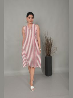 EARTHWEAR - Striped Halter Neck A-Line White Midi Dress