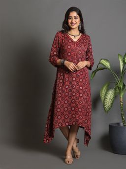 EARTHWEAR - Ajrakh Block-Printed Modal Silk Cowl Red Midi Dress