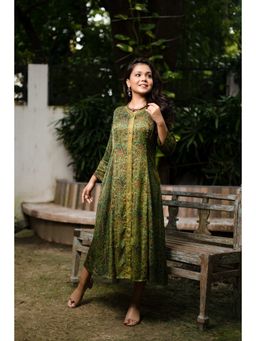 EARTHWEAR - Ajrakh Block-Printed Modal Silk Long Green Midi Dress