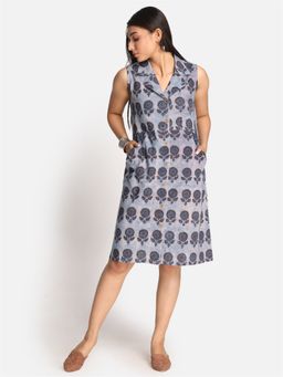 EARTHWEAR - Ajrakh Hand Block Printed Cotton Sleeveless Blue Midi Dress