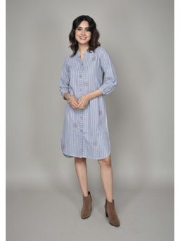 EARTHWEAR - Striped Hand Embroidered Handloom Cotton High-Low Blue Midi Dress