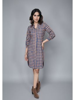 EARTHWEAR - Checks Hand Embroidered Handloom Cotton High-Low Mustard Midi Dress
