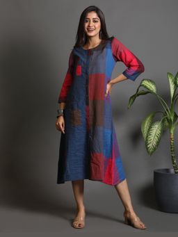 EARTHWEAR - Checks Hand Embroidered Handloom Cotton Mutlicolor Midi Dress