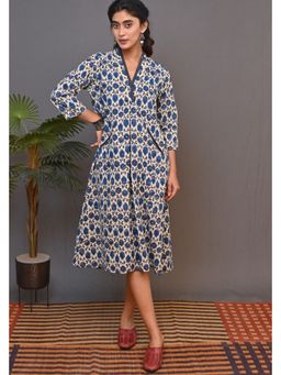 EARTHWEAR - Hand Embroidered Printed Cotton A-Line Blue Midi Dress