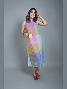 EARTHWEAR - Pastel Checks Handloom Cotton Multicolor Midi Dress