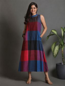 EARTHWEAR - Checks Handloom Cotton Multicolor Midi Dress