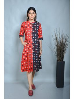EARTHWEAR - Ajrakh Hand Block Printed A-Line Zipper Multicolor Midi Dress