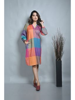 EARTHWEAR - Checks Handloom Cotton Reglan Sleeves Multicolor Midi Dress