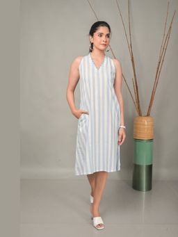 EARTHWEAR - Striped Halter Neck A-Line White Midi Dress