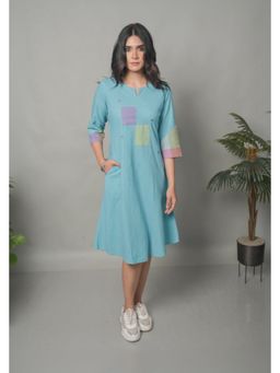 EARTHWEAR - Hand Embroidered Handloom Cotton Bias Blue Midi Dress