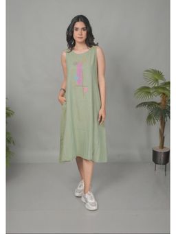 EARTHWEAR - Hand Embroidered Handloom Cotton Sleeveless Green Midi Dress