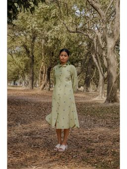 EARTHWEAR - Cotton Front Open Shirt Olive Midi Dress