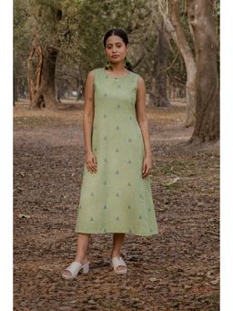 EARTHWEAR - Cotton Sleeveless A-Line Olive Midi Dress