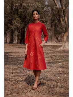 EARTHWEAR - Hand Embroidered Cotton Red Midi Dress