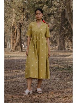 EARTHWEAR - Cotton Woven Buti A-Line Mustard Midi Dress