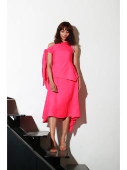 Echke - Pink French Crepe One Off Shoulder Midi Dress