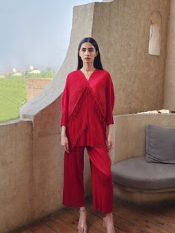 O-PAP STYLE - Women Red Fringe Top with Pant