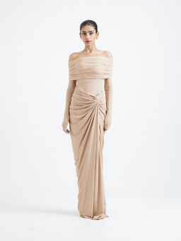 Ozeqo - Nia Beige Bodysuit and Skirt with Wrap and Sleeves
