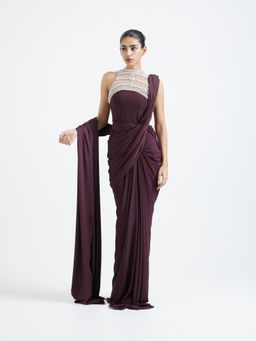 Ozeqo - Maroon Shanaya Base Bodysuit and Skirt with Detachable Pallu