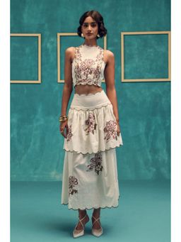 ZABELLA - White Cotton Linen Floral Skirt