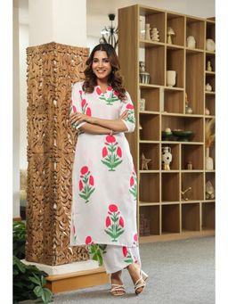 Gahan - Womens Viscose Rayon Straight Floral Kurta with Pant-White