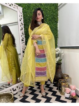 Gahan - Womens Viscose Rayon Straight Embroidered Kurta with Pant & Dupatta-Yellow