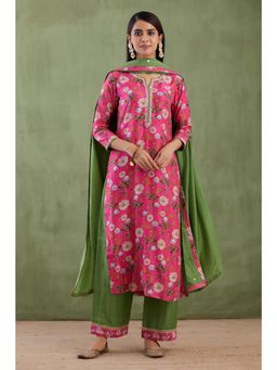 Gahan - Womens Viscose Rayon Straight Floral Kurta with Pant & Dupatta-Pink