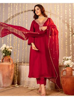 Gahan - Womens Viscose Rayon Embroidered Anarkali Kurta with Pant & Dupatta-Red