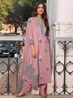 Gahan - Womens Viscose Rayon Straight Floral Kurta with Pant & Dupatta-Mauve