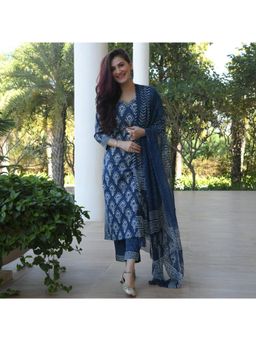 Gahan - Womens Viscose Rayon Straight Floral Kurta with Pant & Dupatta-Blue