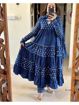 Gahan - Womens Viscose Rayon Anarkali Floral Kurta with Pant & Dupatta-Blue