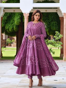 Gahan - Womens Viscose Rayon Anarkali Floral Kurta with Pant & Dupatta-Purple